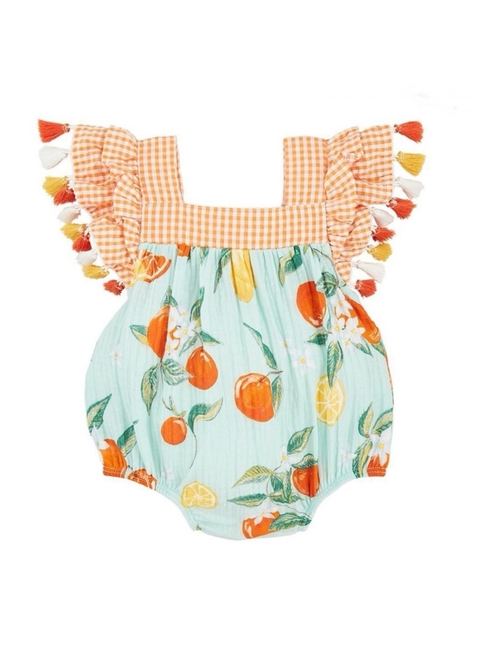 Mud Pie Aqua and Orange Citrus Baby Romper with Gingham Trim